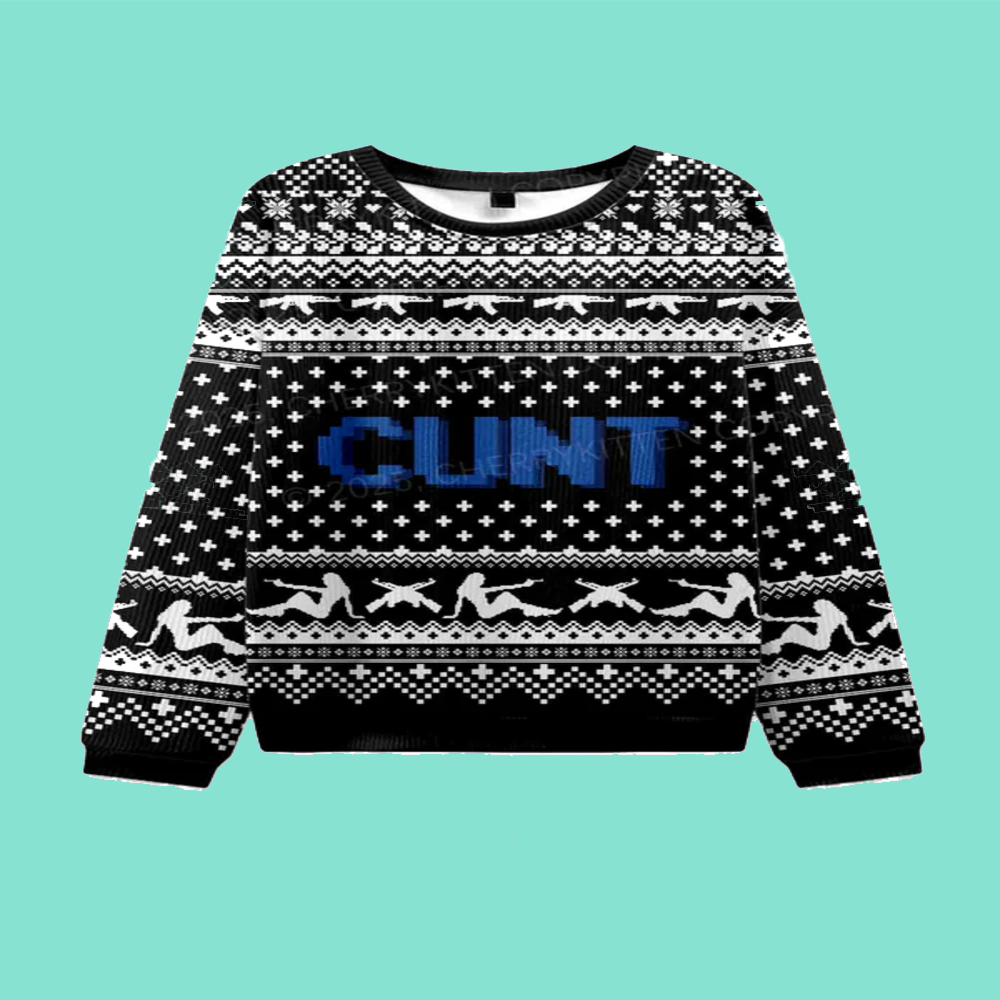 Black Cxxt Y2K Ugly Christmas Knit Sweatshirt
