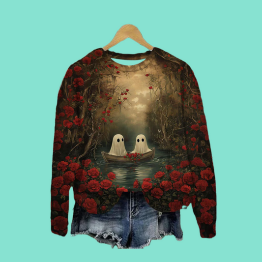 2025 Halloween Cute Ghost Print Crew Neck Sweatshirt