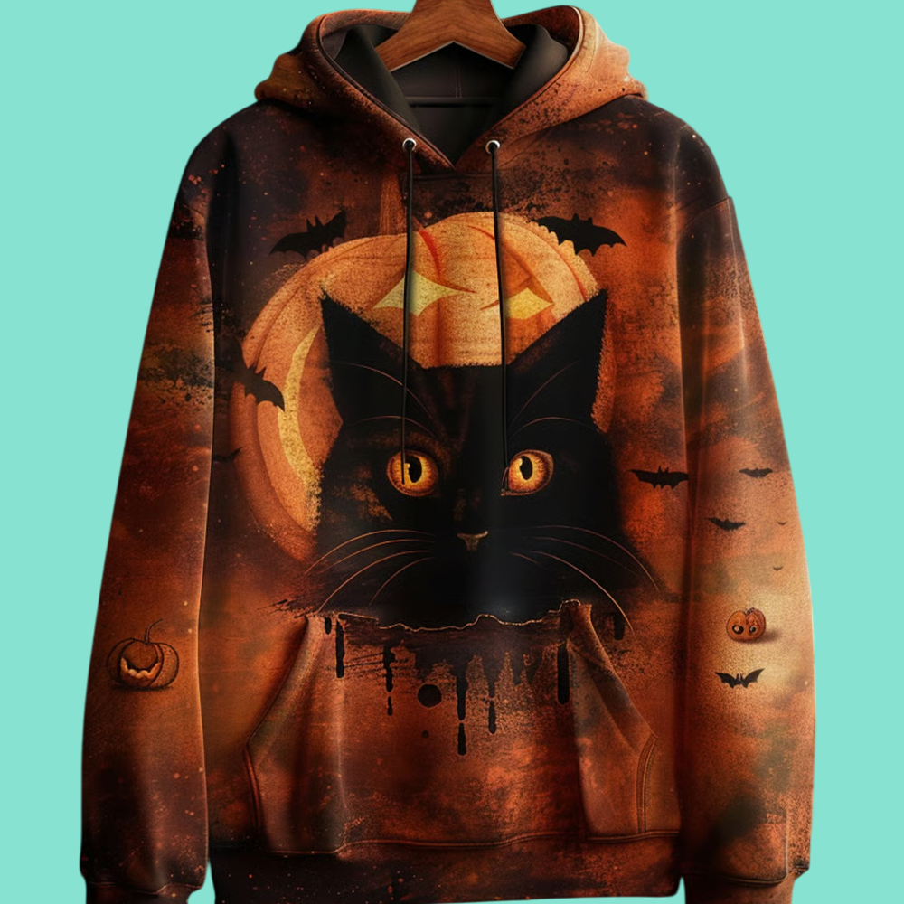 2025 Halloween Gothic Black Cat Printed Hoodie