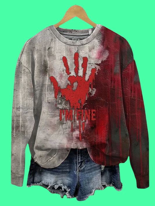 2025 Halloween Horror Bloody I'm Fine Print Casual Sweatshirt