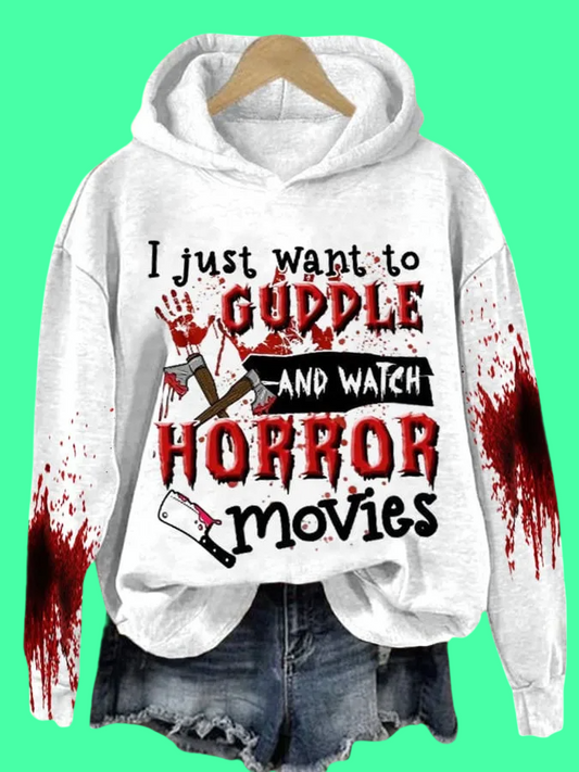 2025 Halloween I Just Want to Hug and Watch Horror Movies Printed Hooded Sweatshirt