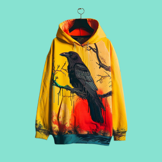 2025 Halloween Men's Halloween Distressed Crow Print Hoodie