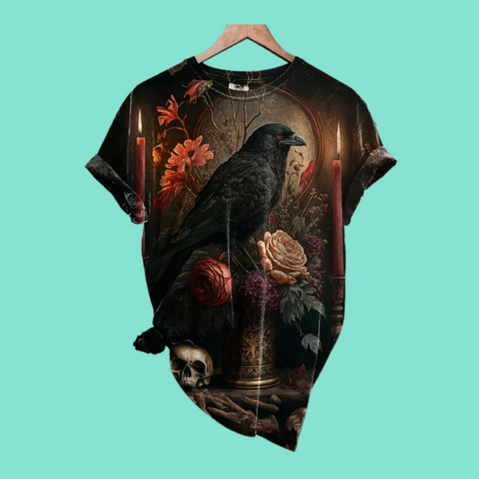 2025 Halloween Women's Dark Crow Print T-shirt