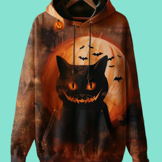 2025 Halloween Women's Gothic Black Cat Halloween Printed Hoodie
