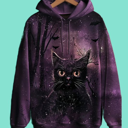 2025 Halloween Women's Gothic Black Cat Printed Hoodie