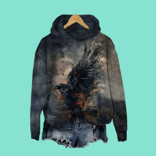 2025 Halloween Women's Halloween Crow Print Casual Hoodie