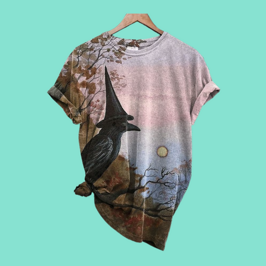2025 Halloween Women's Retro Dark Crow Print T-shirt