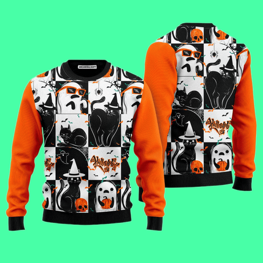 Black Cat & Ghost Holiday Halloween 2025 Ugly Sweater