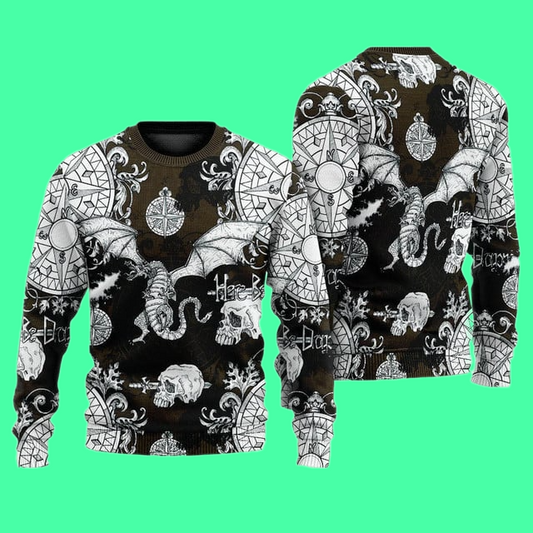 Dragon Flying With Skull Gothic Style Ugly Christmas 2025 Sweater