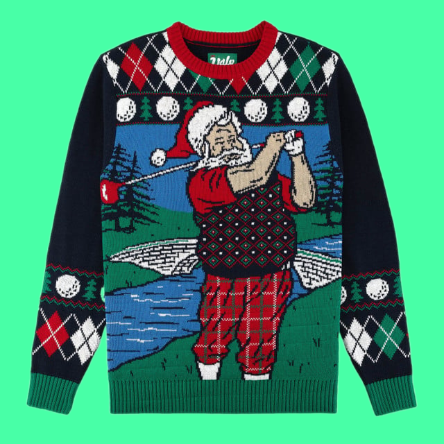 Golfing Santa Argyle Ugly Christmas 2025 Sweater