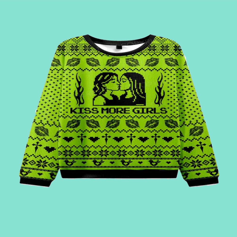 Kiss More Girls Pride Y2K Christmas Knit Sweatshirt
