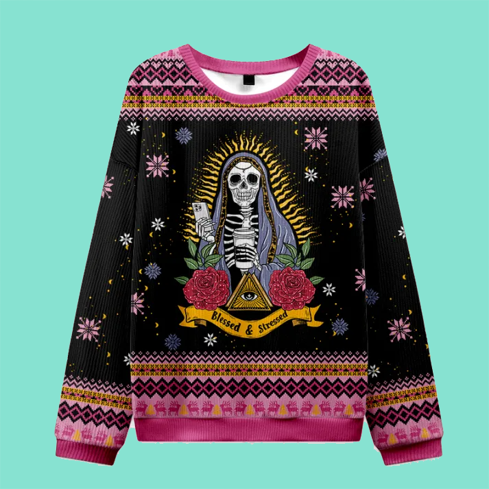 Purplehecate Blessed And Stressed Ugly Christmas Sweatshirts