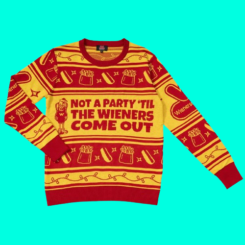 Wienerschnitzel Not A Party 'Til The Wieners Come Out Ugly Christmas 2025 Sweater